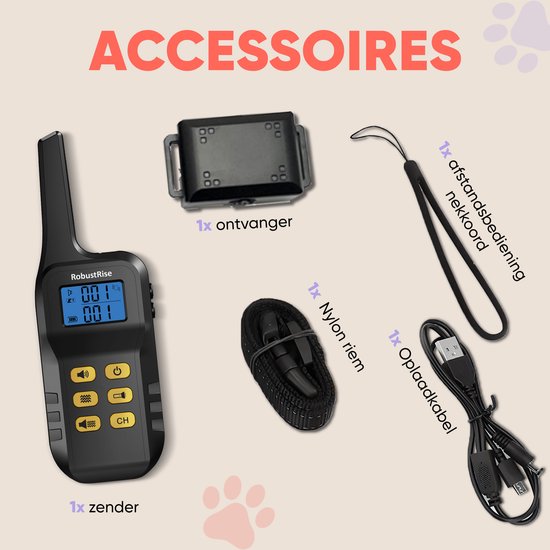 Accessoires: ontvanger, nylon riem, halskoord, oplaadkabel en zender.