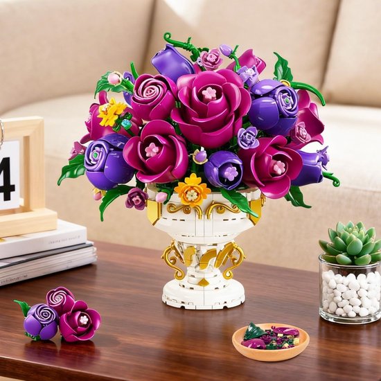 PLAXSOON Paarse Rozen Bouwpakket - 969 Delen Bloemen Boeket met Vaas - 18 Rozen Bonsai Plant Bouwsets - Huisdecoratie Spleegoed voor Kinderen Volwassenen