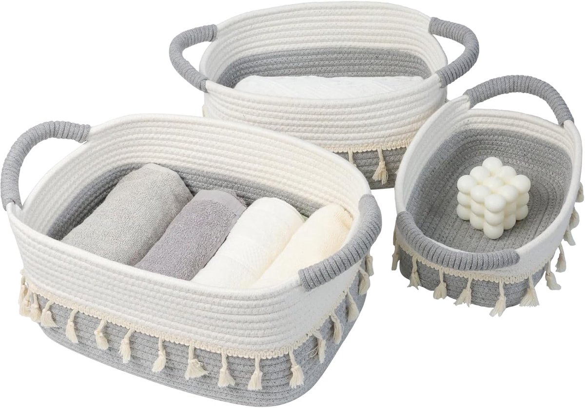 Opbergmand, 3-delige set, mandjesopslag voor luiercommode, organizer, katoenen touw, opbergmand met dikke handgrepen, mandopslag voor badkamer, babykamer, decoratie, wit en grijs