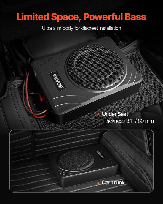 Slanke VEVOR auto-subwoofer discreet gemonteerd onder een autostoel en in een kofferbak.
