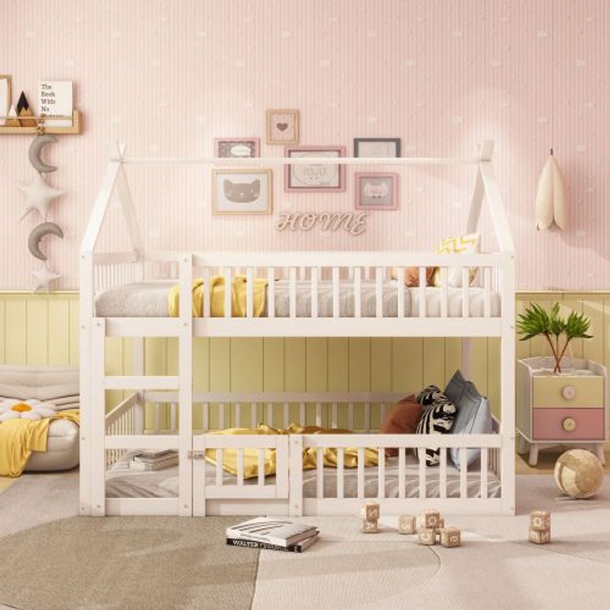 Stapelbed 140x200 cm, Massief Houten Kinderbed met Trap, Loft Design, Familiebed, Wit
