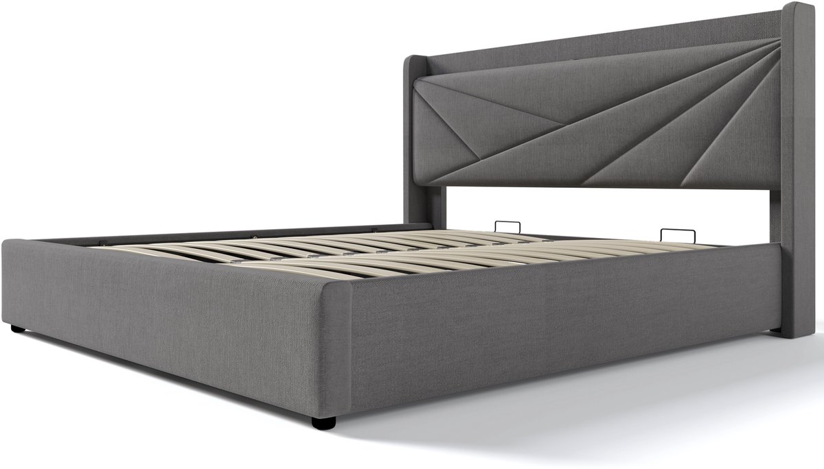 REDOM Polsterbed 160x200 met ruime opbergruimte, geïntegreerde USB‑C‑lader en geometrisch hoofdeinde, grijs