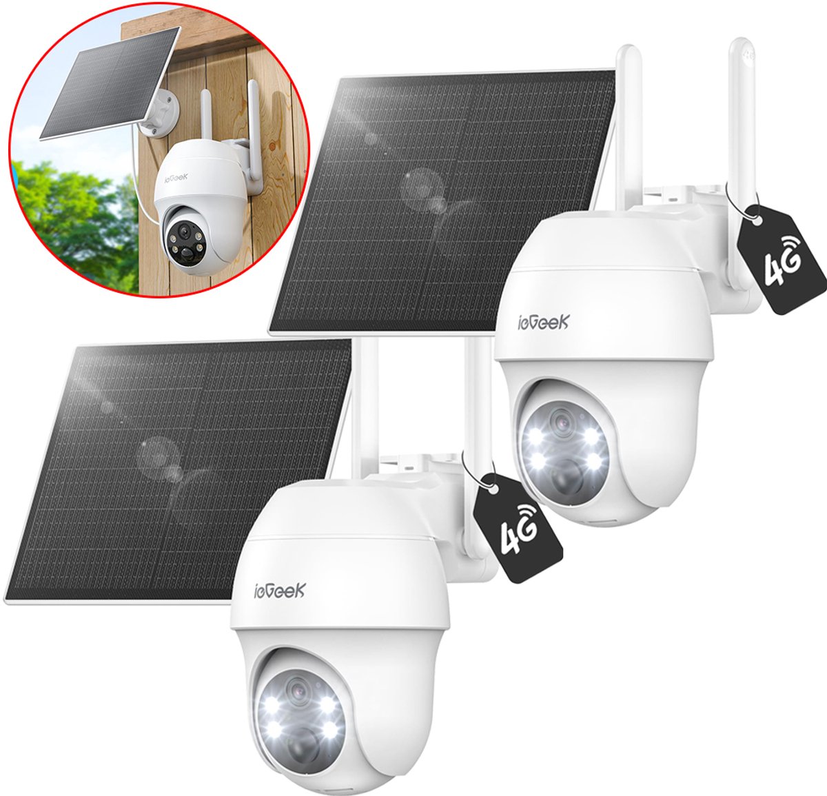 ieGeek 4G LTE Bewakingscamera Solar Buiten met SIM-kaart – 2K Ultra HD, Nachtzicht, Bewegingsdetectie, IP65, 360° Draaibaar – Geen WiFi Nodig, SD & Cloud Opslag - Incl. Zonnepaneel – Voor Tuin, Erf & Bedrijf - 2 stuks