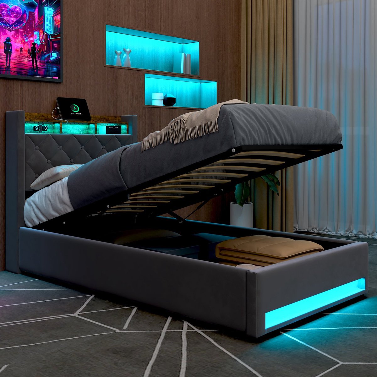 REDOM Eenpersoonsbed 90x190 cm – Modern LED Bed met Afstandsbediening – RGB Verlichting Hoofdbord – Opbergruimte – Metaal en Hout Frame – Slaapkamer Bed – Grijs