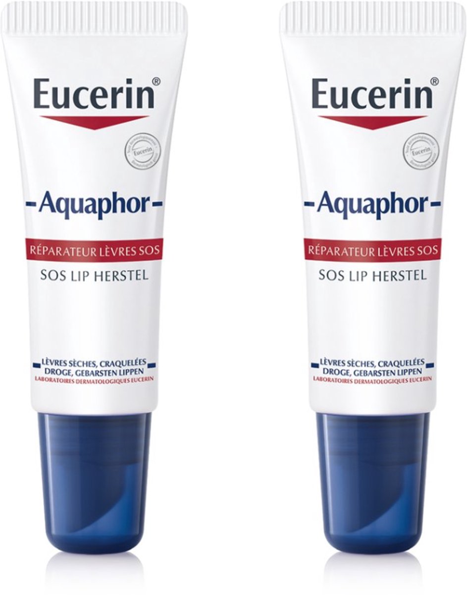 Eucerin Aquaphor SOS Lippenbalsem - Lip Balm - Hydrateert de Droge en Gebarsten Lippen - Ongeparfumeerd - 10 ml - Voordeelverpakking - Bundel van 2