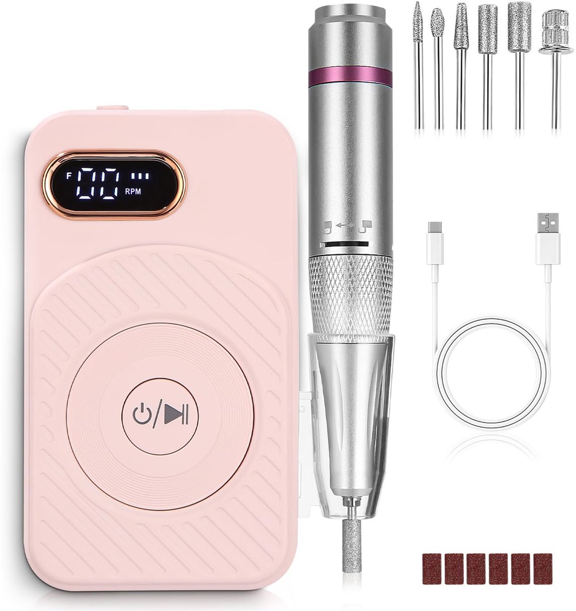 Professionele Nagelvijl 45000 RPM - Elektrische Nagelvijl met 6 Opzetstukken - Oplaadbare Nagelschaar voor Gelnagels en Acryl - LCD Scherm & Snelheidsregeling - Geschikt voor Thuisgebruik en Nagelsalon - Roze