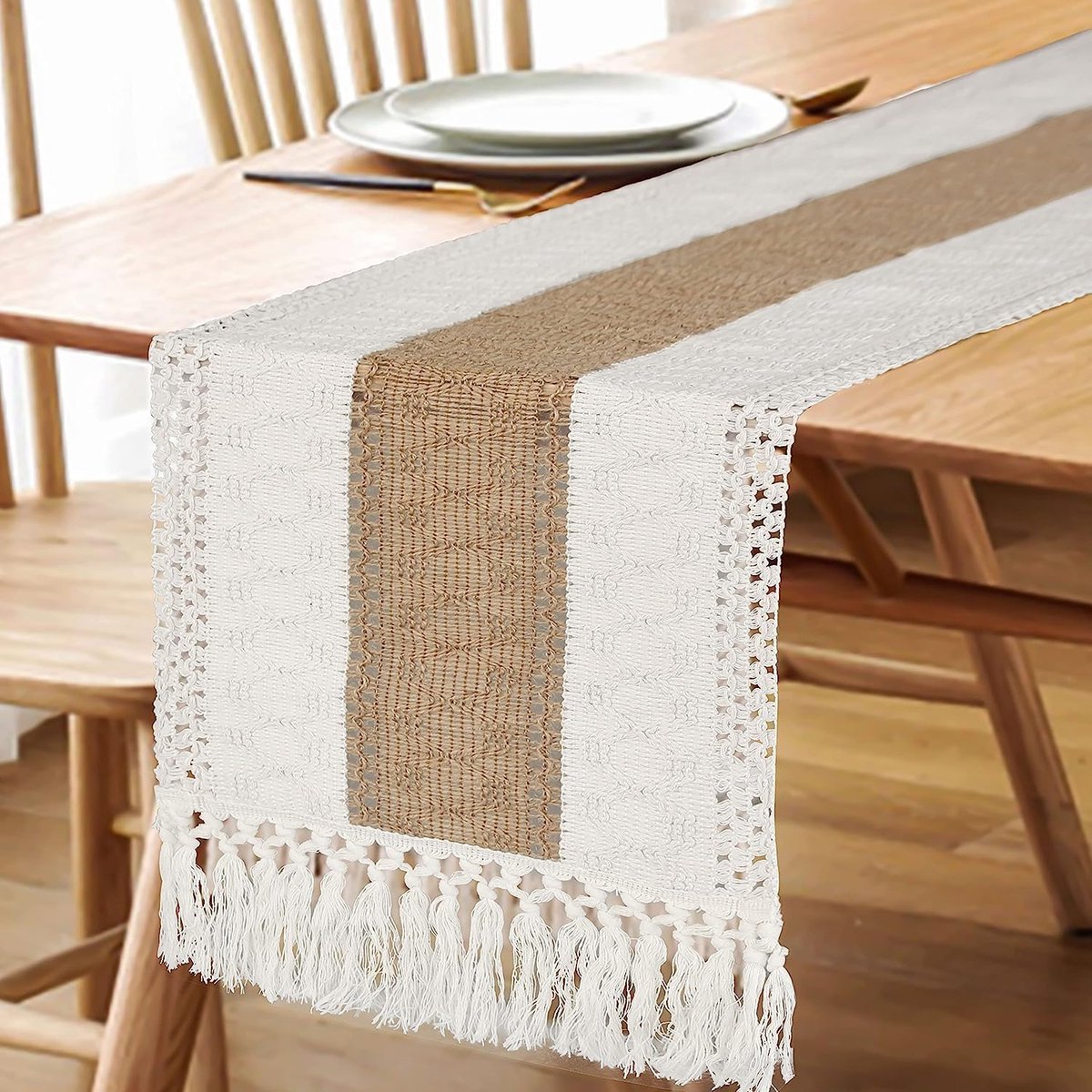 1 stuk - Tafelloper - Boheemse landelijke stijl - Katoen-linnen mix - Geknoopt ontwerp - Tafelloper met franjes - Geschikt voor Thanksgiving- en kerstdecoraties, accenten op de salontafel - 30 x 180 cm - Koffiebruin + beige