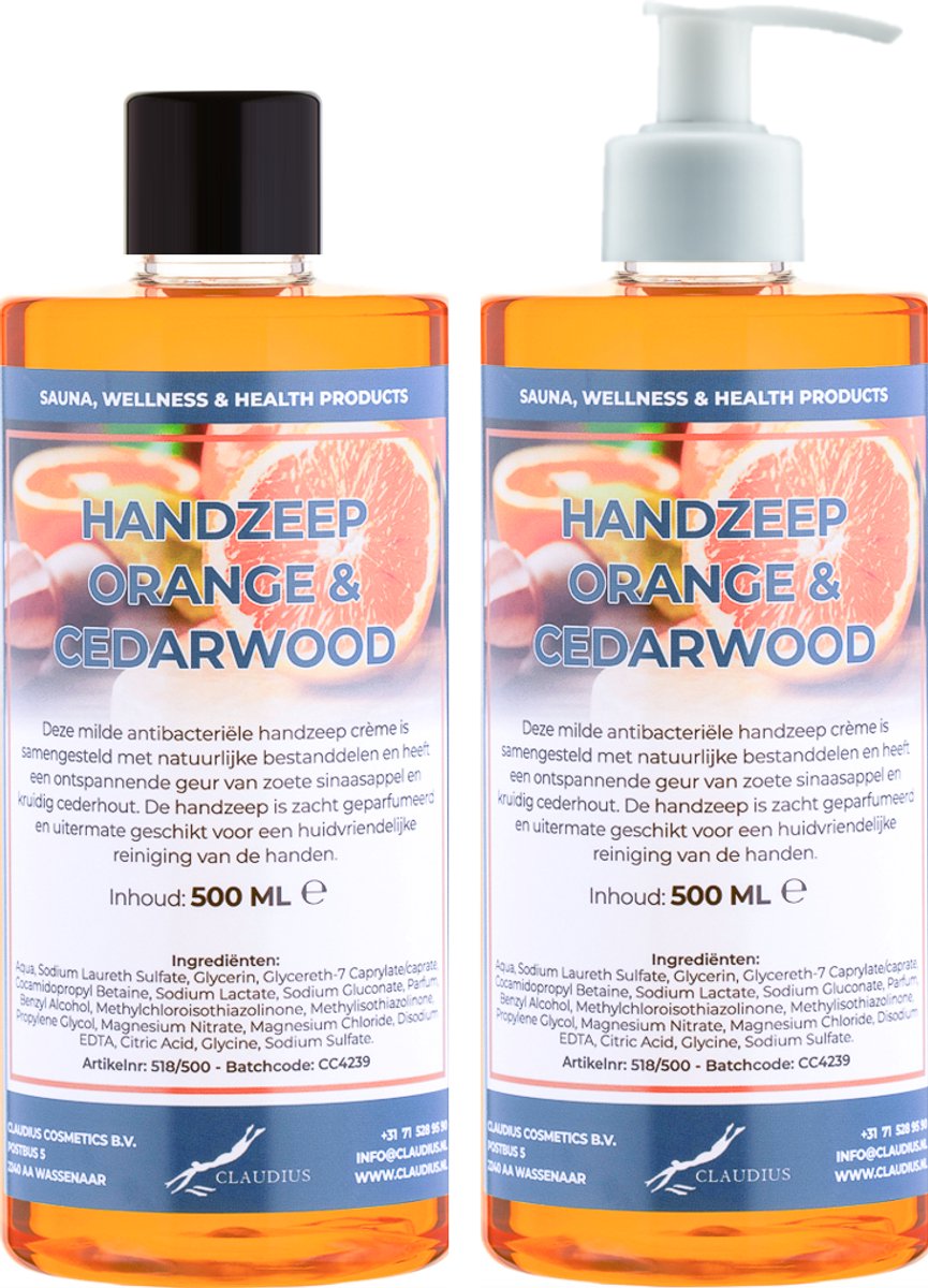 Handzeep Sweet Orange & Cedarwood 500 ml - set van 2 stuks - met gratis pomp - Voordeelverpakking