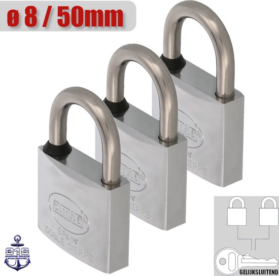 Cadenas AMIG Clés identiques Ø8 / 50x78mm – Acier Inox AISI 316 – Qualité Marine – Grande Qualité de Fabrication – 3 pièces – CLÉ MÊME