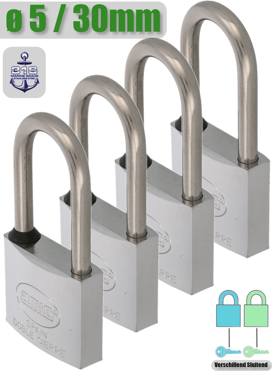 AMIG Hangsloten met Sleutel Ø5 / 30x65mm – 100% Roestvrij - Geweldig voor Buiten – Marine Kwaliteit - Messing Verchromt + RVS AISI 316 – Set 4 Stuks