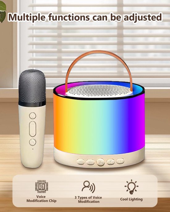 Deze mini-karaokemachine is uitgerust met een draadloze microfoon, draagbare 5.3-kanaals luidsprekers, 3 watt uitgangsvermogen, 52 mm driver-units en led-verlichting. Het is een ideaal draagbaar zangsysteem — afbeelding 3