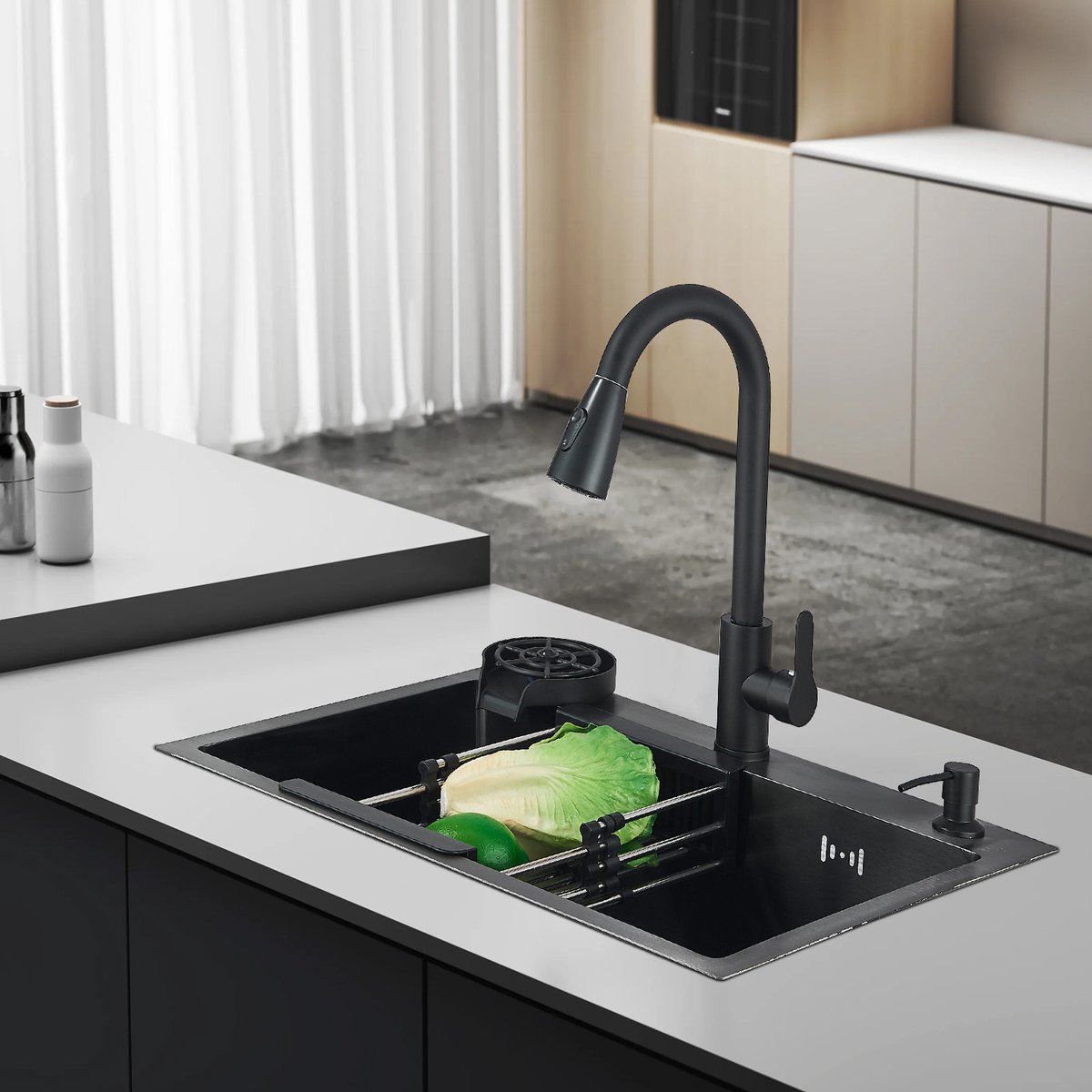 Spoelbak Black 60 x 45 cm – Spoelbak Keuken - met 360° draaibare keukenkraan Zwart -Wasbak met waterafvoersysteem