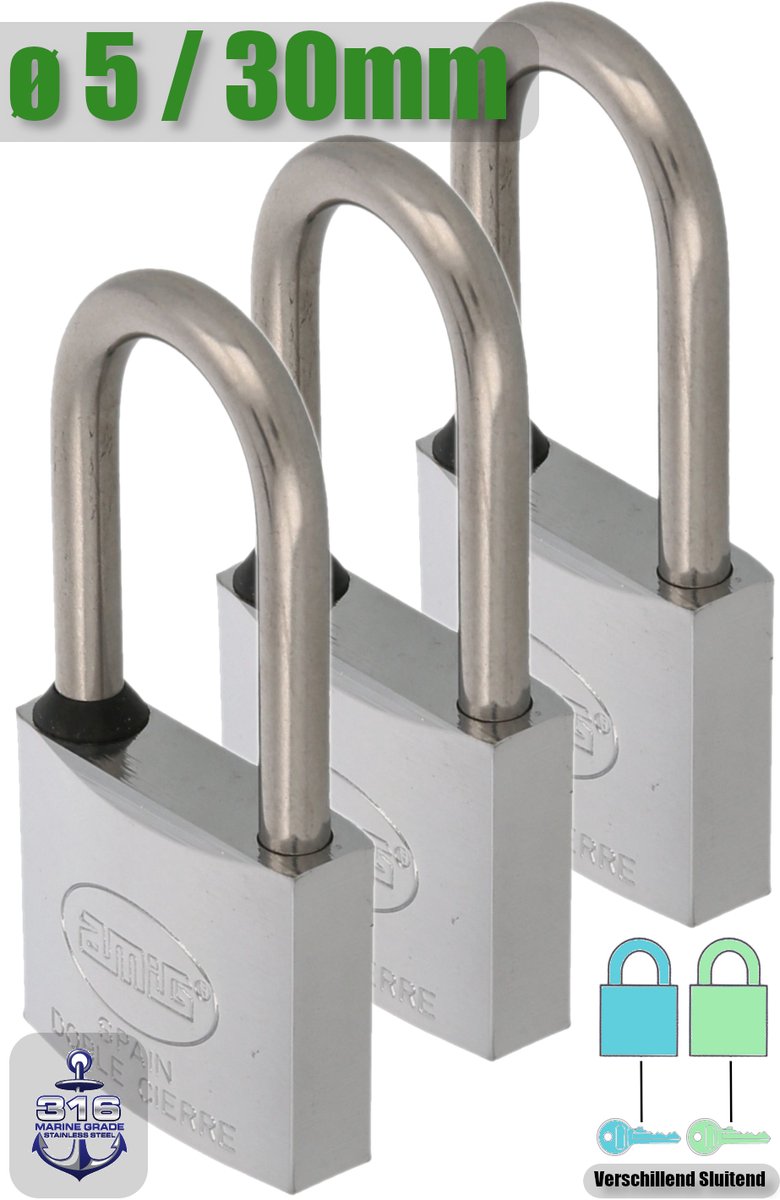 AMIG Hangsloten met Sleutel Ø5 / 30x65mm – 100% Roestvrij - Geweldig voor Buiten – Marine Kwaliteit - Messing Verchromt + RVS AISI 316 – Set 3 Stuks