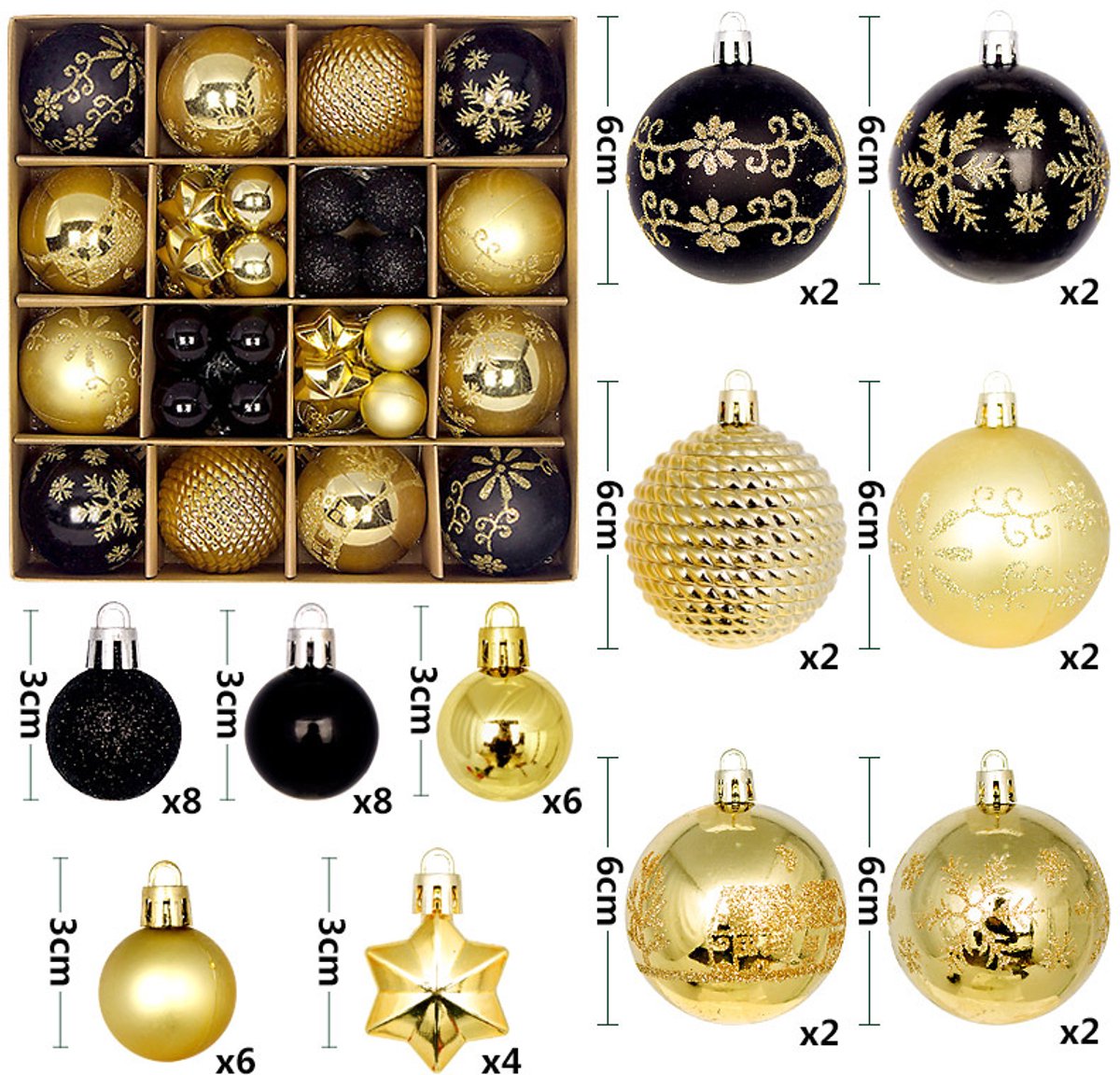 Zandarix Deluxe Kerstballen Ornamenten Set (44 Stuks) – Mix van 3–6 cm PVC in Luxe Geschenkdoos - Zwart/Goud