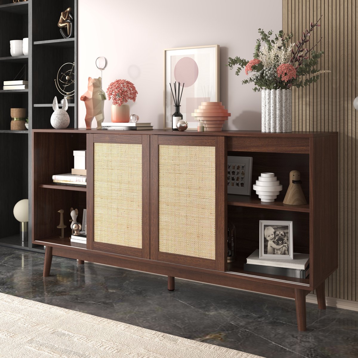 Wishdor Dressoir Met 3 Schuifdeuren En 2 Lades - Echt Rotan - MDF En Spaanplaat - Donker Hout - 155 X 38 X 80 Cm Wood