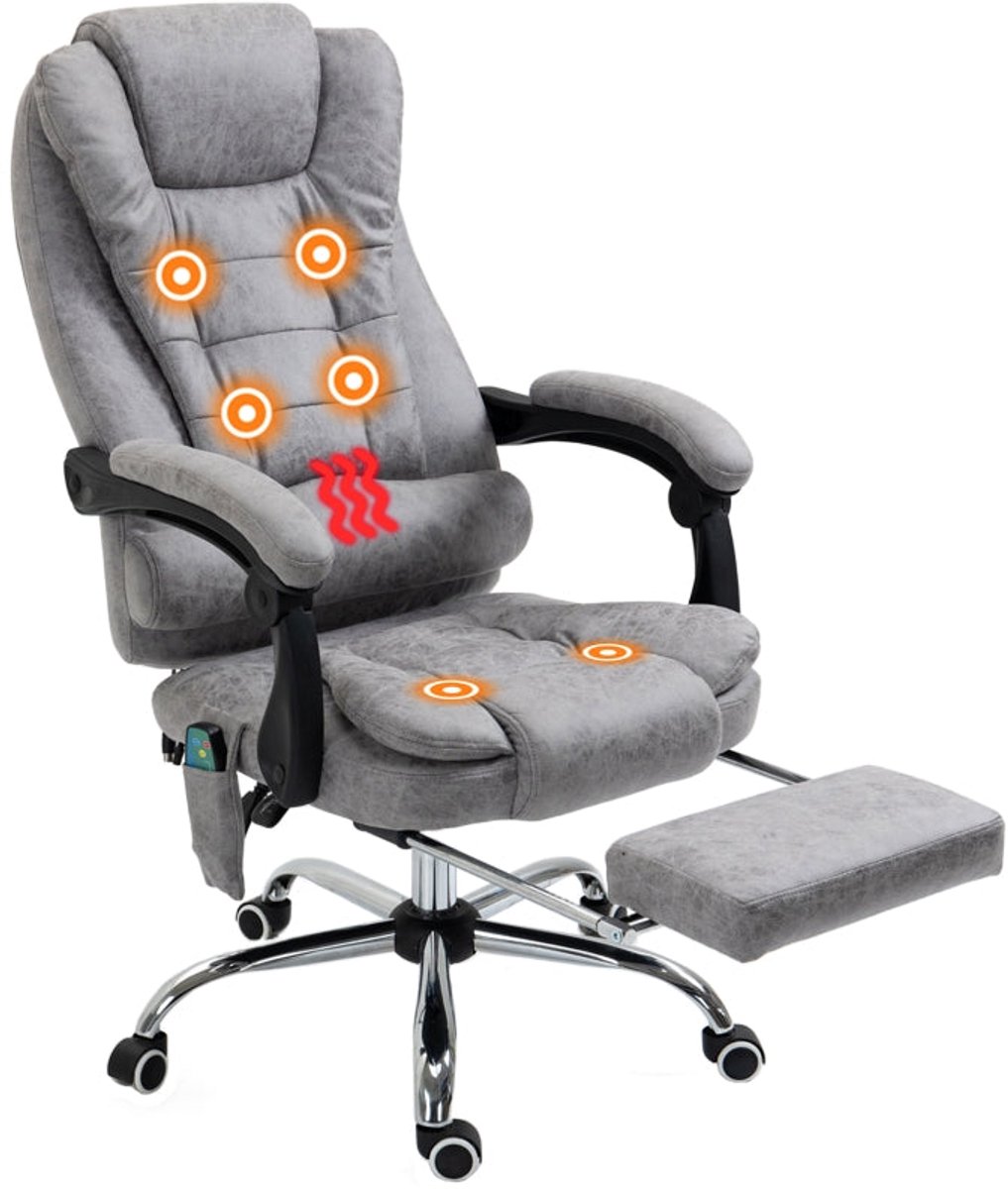 Merax Ergonomische Massage Bureaustoel – Verstelbare Rugleuning – Verwarming – Uittrekbare Voetsteun – Luxe Kantoorstijl – Grijs