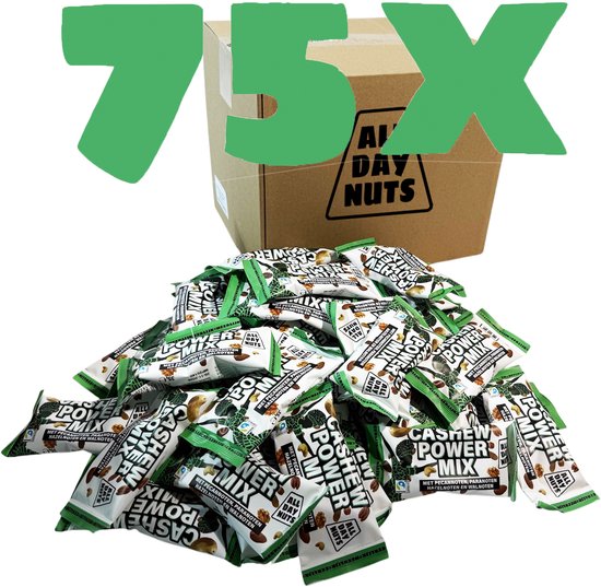 Een grote stapel Cashew Power Mix snackverpakkingen en een kartonnen doos met 'All Day Nuts' logo. Grote groene tekst '75X' erboven.