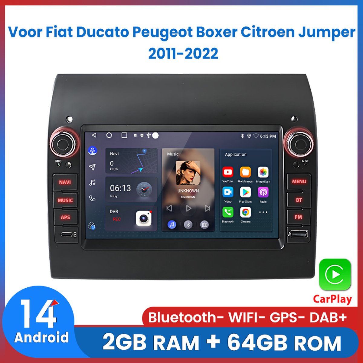 Awesafe Autoradio - Geschikt Voor Fiat Ducato Peugeot Boxer Citroen Jumper 2011 t/m 2022 - Apple Carplay & Android Auto (Draadloos) - Android 14.0 - Ram 2GB + Rom 64GB - Radio Scherm - 2011 2012 2013 2014 2015 2016 2017 2018 2019 2020 2021 2022