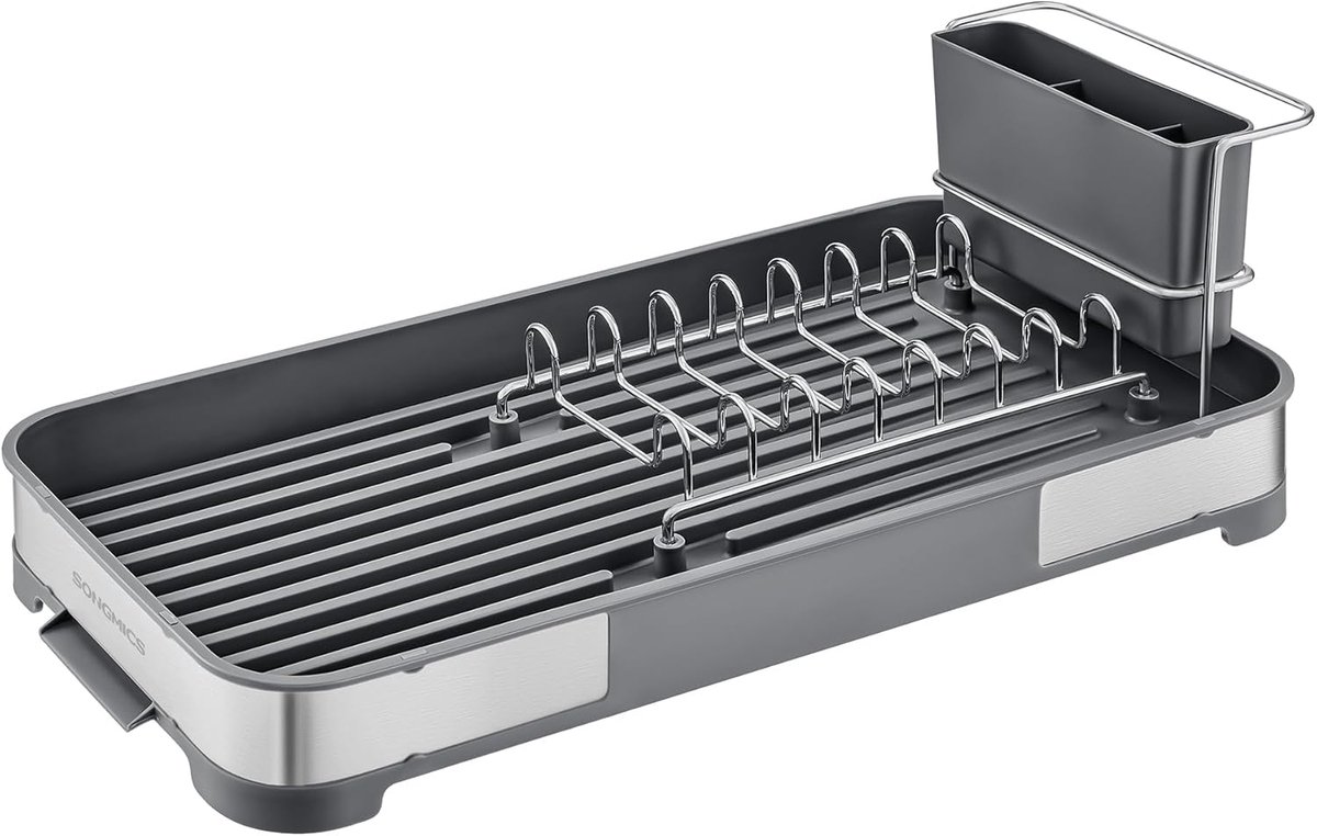 SONGMICS KCS034G01 Afdruiprek, compact afdruiprek van roestvrij staal met afvoer, bestekhouder, roestvrij, voor borden, messen, lepels, vorken, zilver en grijs
