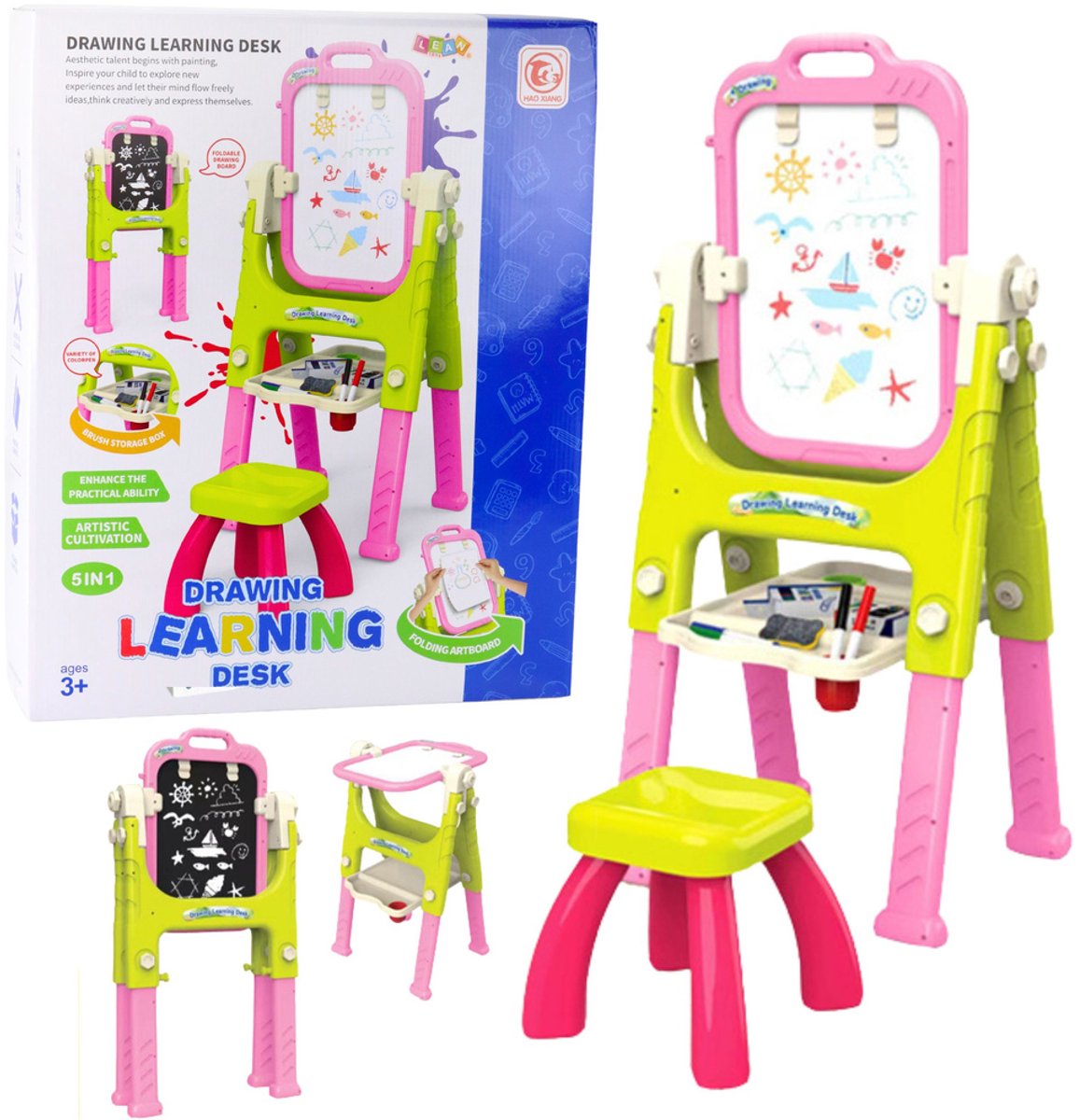 Leerbord 5-in-1 met Stoel - Tekentafel voor Kinderen met Whiteboard & Schoolbord - Verstelbaar Schrijfbord met Opbergvak - Educatief Speelgoed voor Tekenen en Schrijven - Inclusief Kruk - Stoel