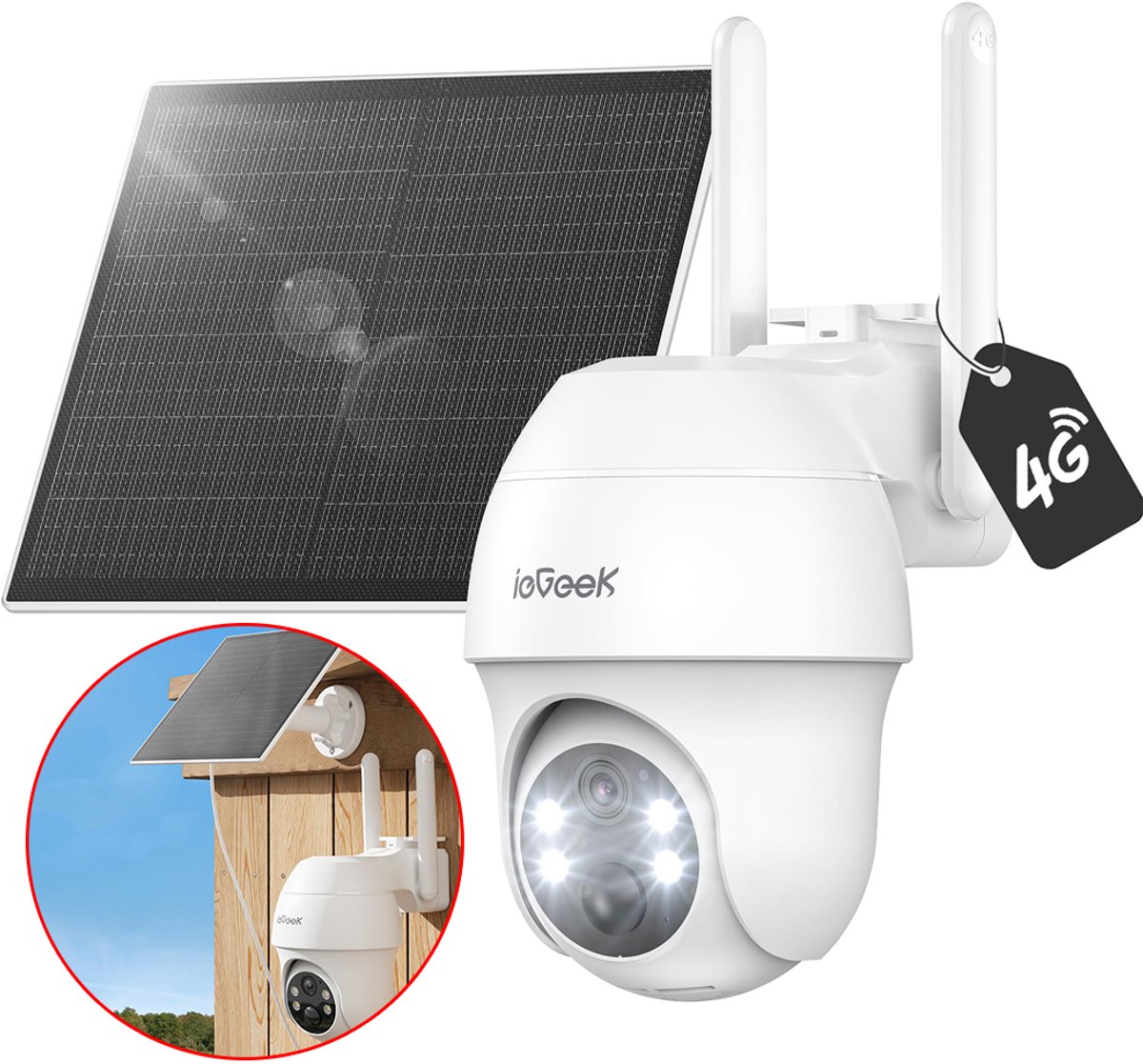 ieGeek 4G LTE Bewakingscamera Solar Buiten met SIM-kaart – 2K Ultra HD, Nachtzicht, Bewegingsdetectie, IP65, 360° Draaibaar – Geen WiFi Nodig, SD & Cloud Opslag - Incl. Zonnepaneel – Voor Tuin, Erf & Bedrijf