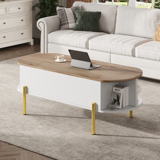 Witte salontafel met houten blad, gouden poten, en openklapbaar tafelblad.