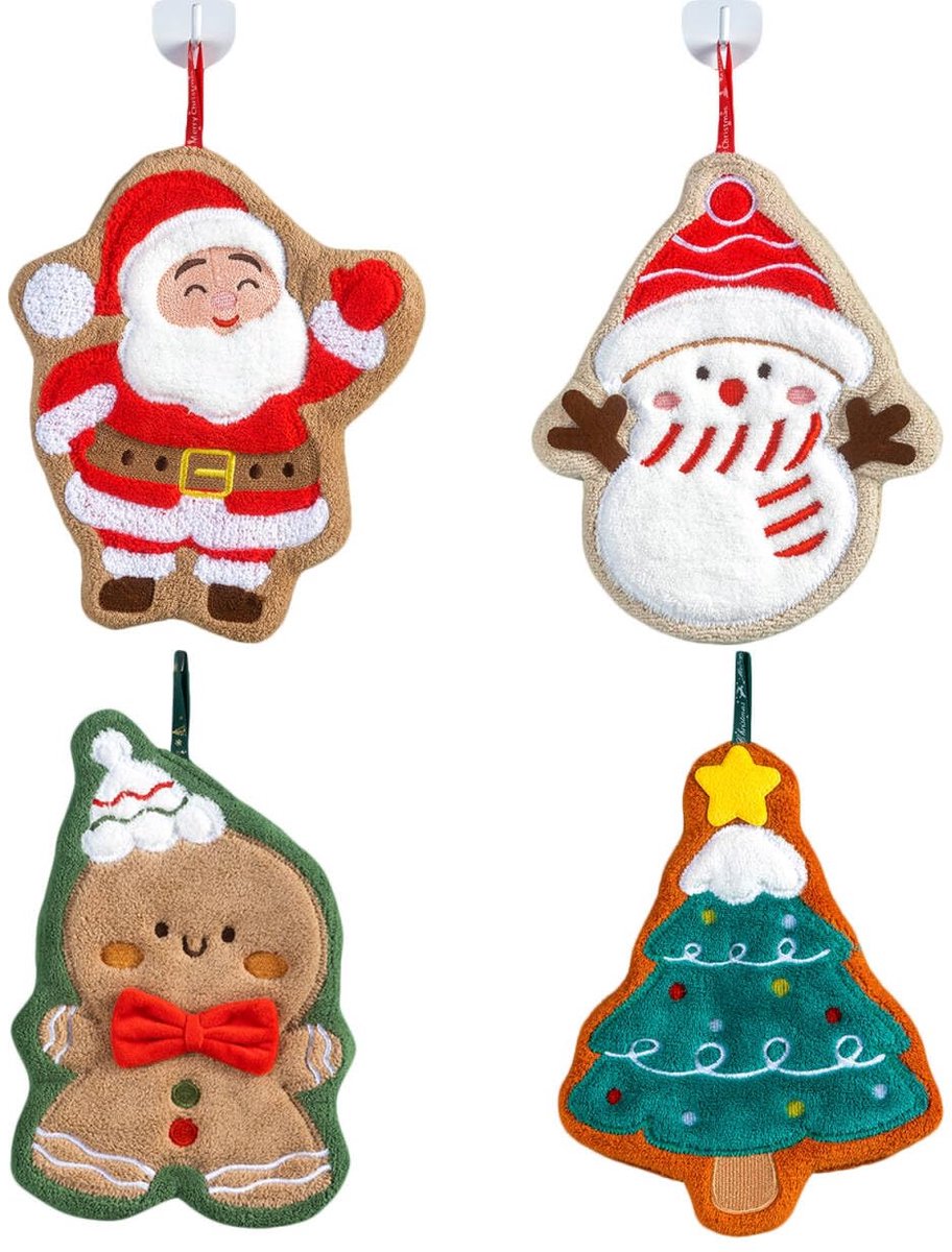 4 stuks - Handdoeken - Wandhanddoeken - Geschikt voor keuken en badkamer - Ontwerp met kerstman en sneeuwpop - Ideaal voor Kerstmis - Diverse kleuren