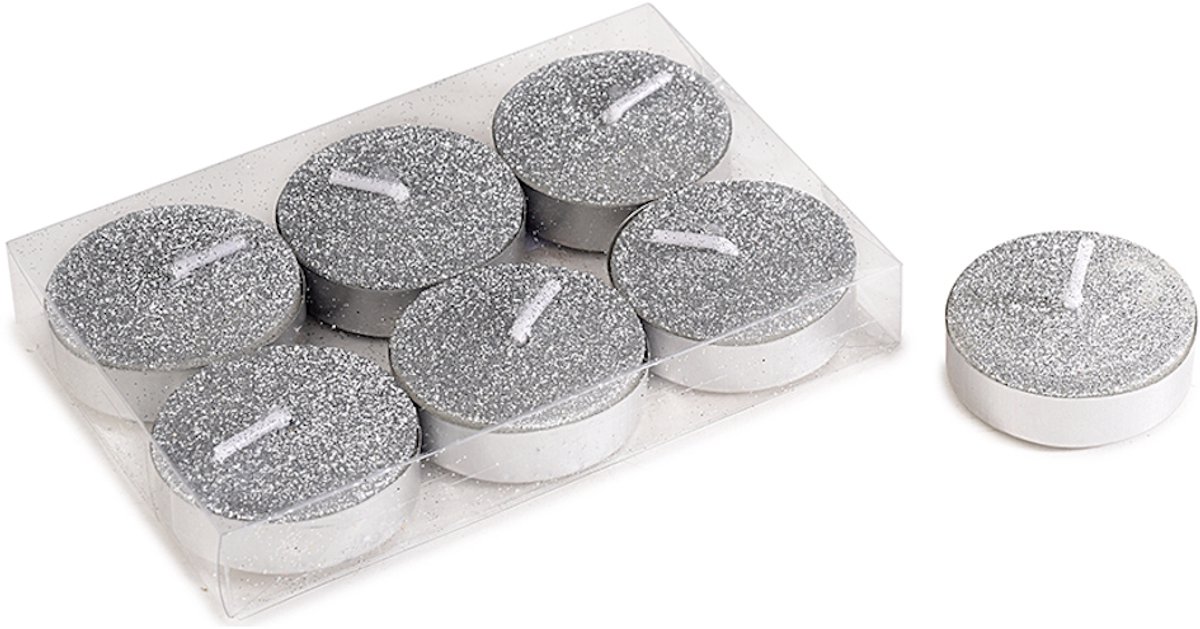 Glitter Waxinelichtjes/Theelichtjes Zilver - 6 stuks Ø 3.5 x 1 cm - in transparante box - Kerst - kaarsen