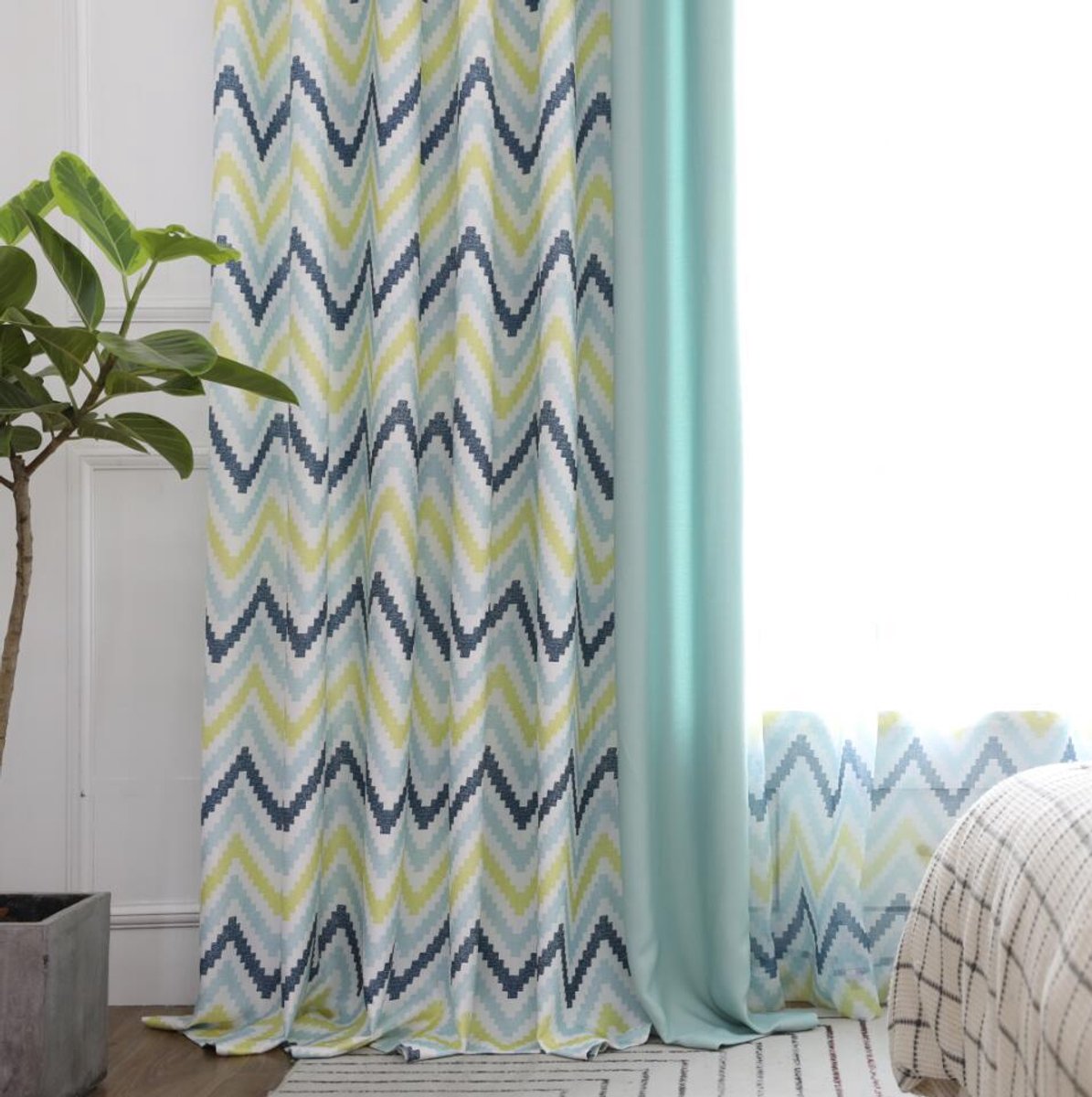 Floraweg Chevron Zigzag patroon Grommet Top Raamgordijnen voor de woonkamer, blauw (1 paneel),Met haakjes ringen,140x220cm