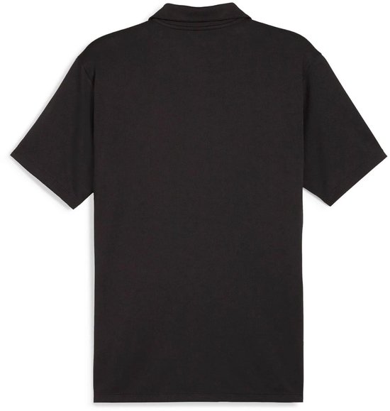 Zwarte polo met korte mouwen, gezien vanaf de achterkant.