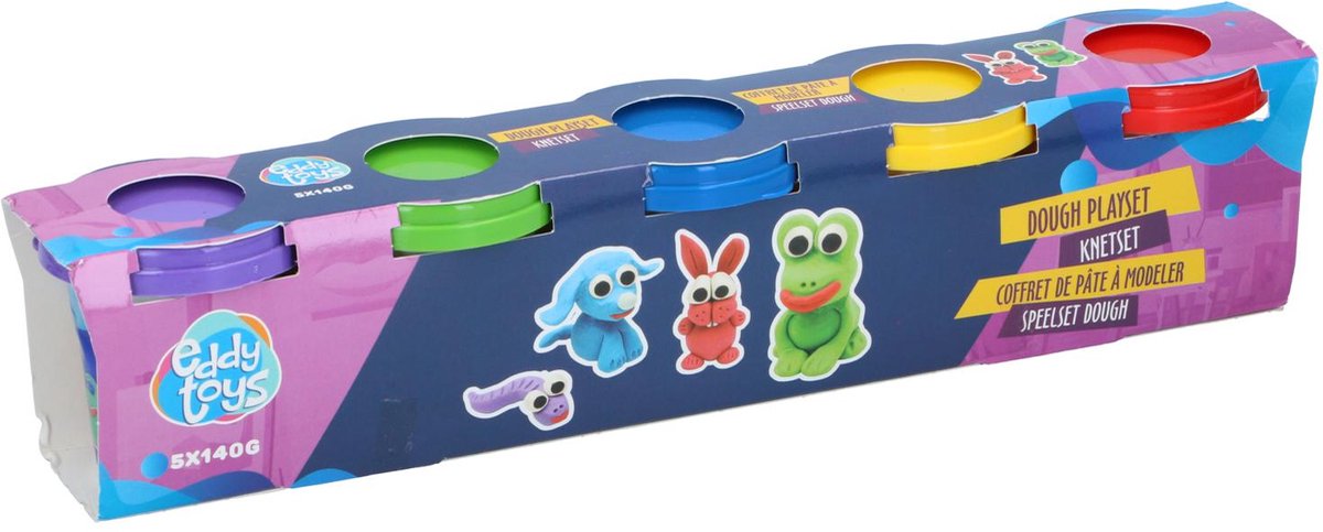 Eddy Toys Klei Set Kinderen 5 X 140 g - Boetseerklei Set met Vijf Kleuren - Klei Potjes Set voor Peuters en Kleuters - Knutsel Klei Speelgoed met Voorbeeldfiguren - vanaf 18 Maanden