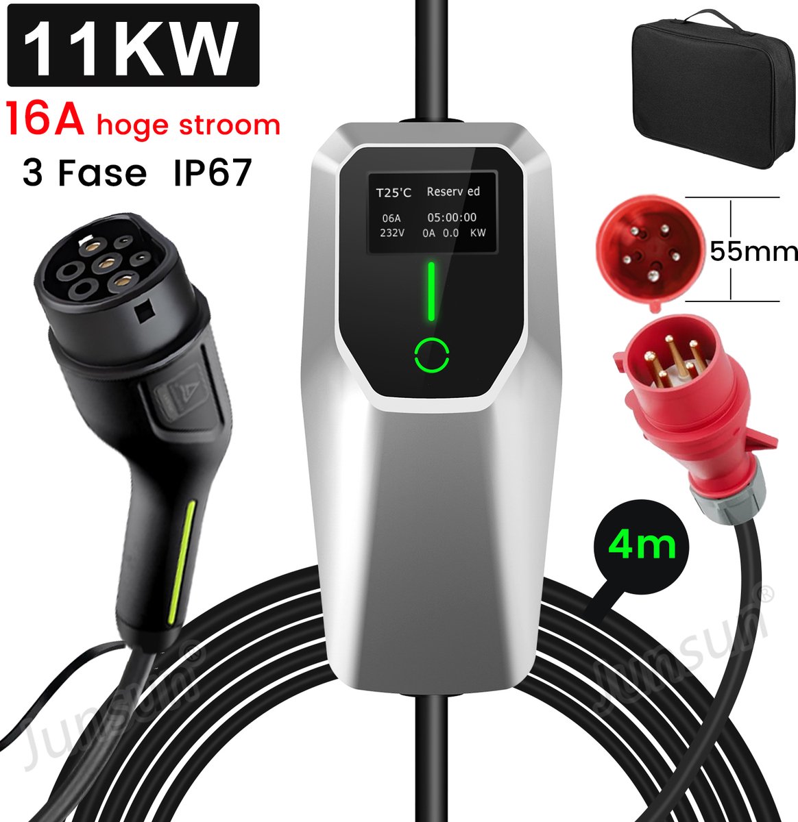 Hexinex Draagbare 11kW 3-Fase EV Laadkabel - Schakelbare stroom