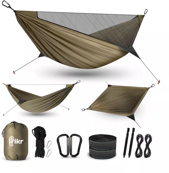 Hikr Hangmat – 2 personen – 210T Nylon – Bushcraft & Outdoor – Lichtgewicht Reishangmat – Met Klamboe & Muggennet – 200KG – Bruin