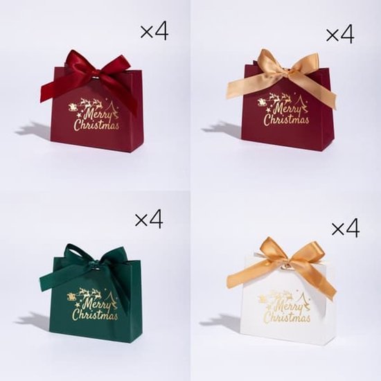 16 Mini-kerstcadeauzakjes - Cadeaudoos - met lint - Feestelijk rood en groen "Merry Christmas"-patroon - Perfect voor het bewaren van snoep, chocolaatjes en kleine cadeautjes