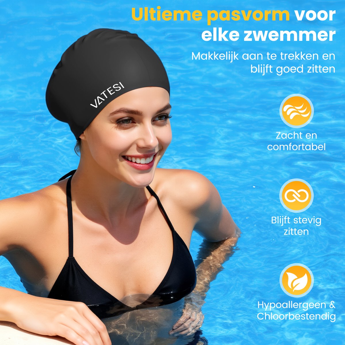 Siliconen Badmuts - Waterdicht & Elastisch - Zwemmuts voor Dames en Heren - Unisex - Swimming Cap - Zwart — afbeelding 3