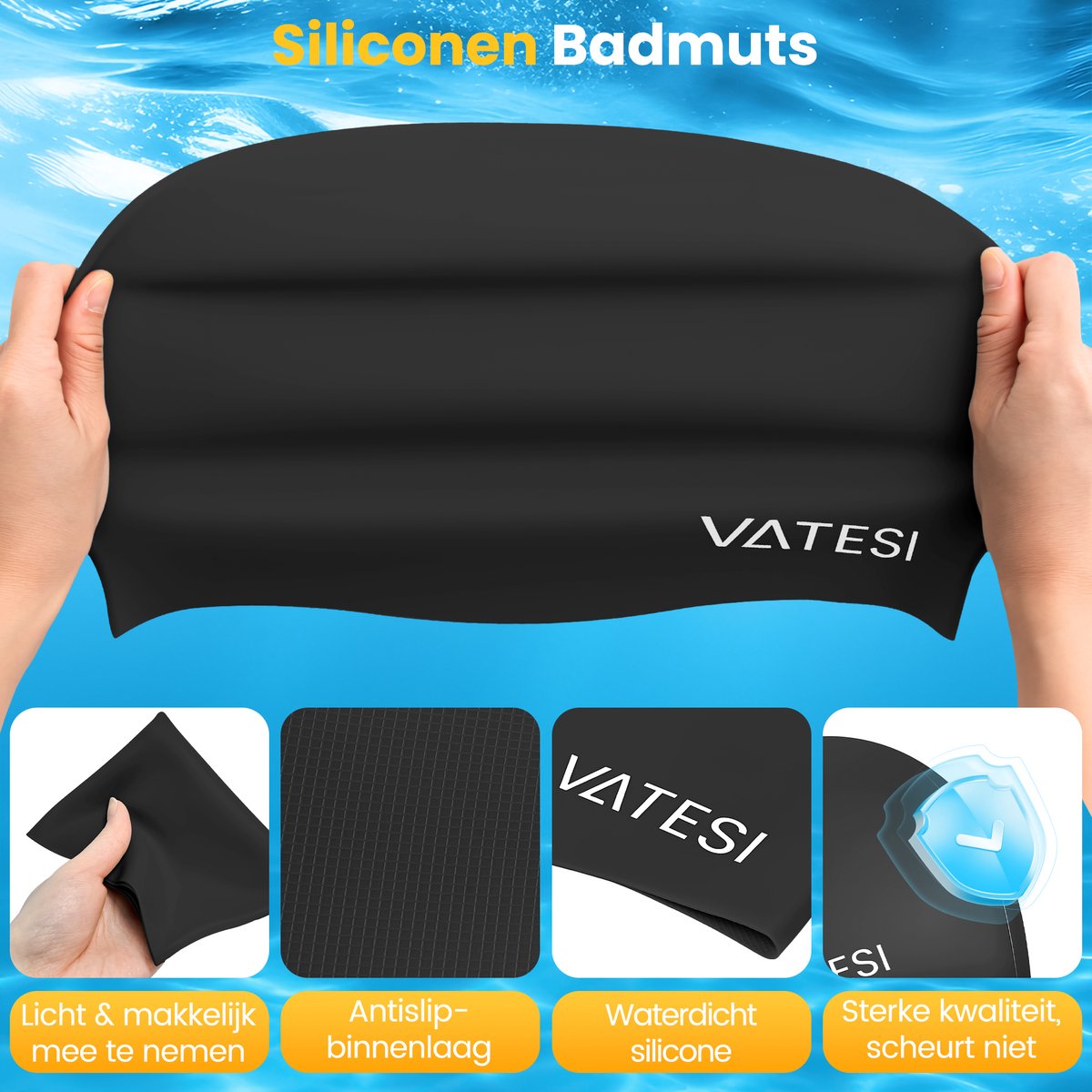 Siliconen Badmuts - Waterdicht & Elastisch - Zwemmuts voor Dames en Heren - Unisex - Swimming Cap - Zwart — afbeelding 2