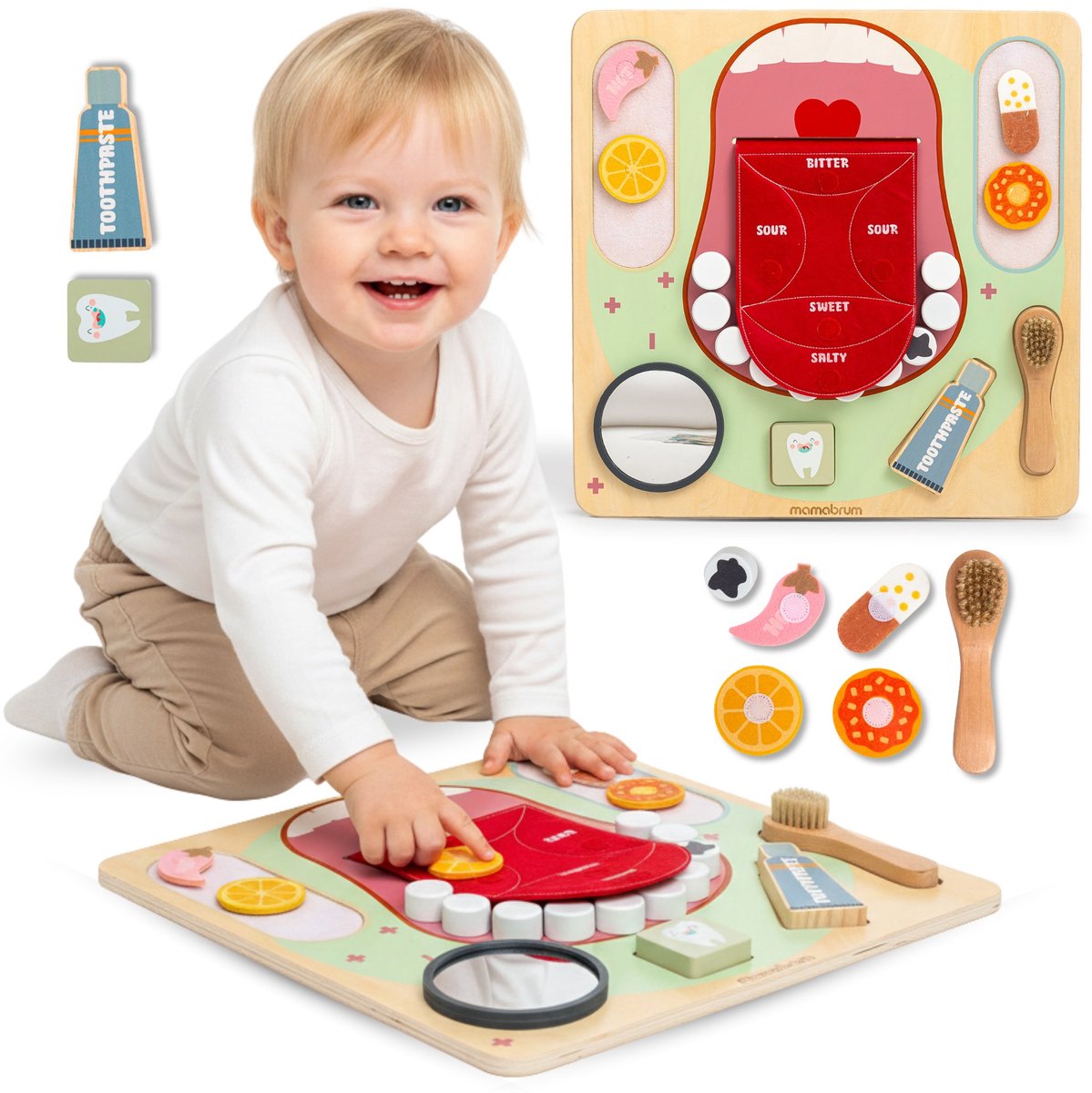 Mamabrum Montessori Houten Tandartsbord – Educatief Sensorisch Dentist Speelbord met Verwijderbare Tanden, Smaken, Spiegel & Accessoires – 18m+