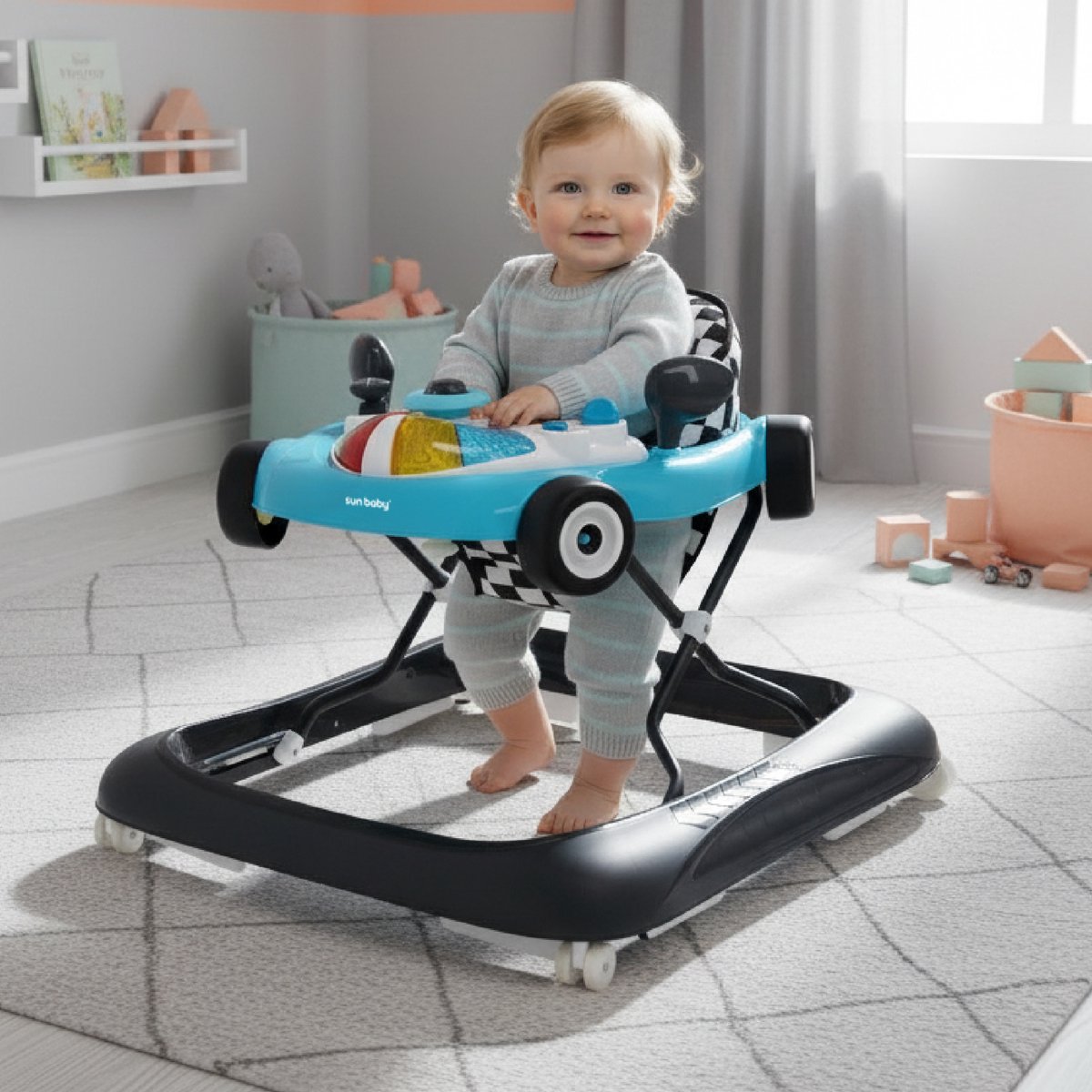 sun baby Loopstoel, baby walker vanaf 6 maanden, verstelbare hoogte, rubberen wielen - Turkoois-Zwart – foto 4