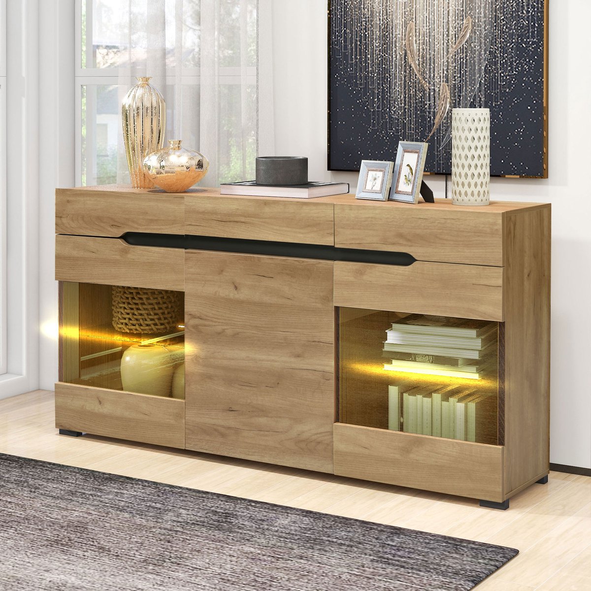 REDOM Eiken sideboard met app-gestuurde LED, 3 kasten en 3 lades, acryldeuren, kabeldoorvoer, 140×35×80 cm, modern design