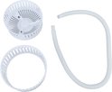 Les pièces détachées de la mini-lave-linge : un panier de vidange, un anneau et un tuyau de vidange avec adaptateur.