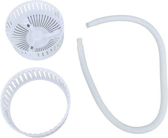 Les pièces détachées de la mini-lave-linge : un panier de vidange, un anneau et un tuyau de vidange avec adaptateur.