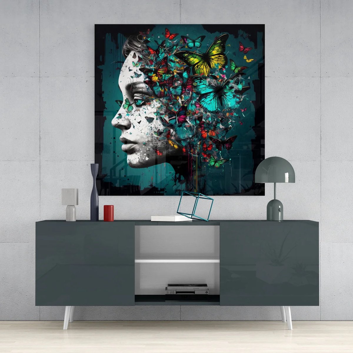 Insigne Art Glasschilderij Vierkant - Butterfly - Portrait - Art - Moderne Wanddecoratie - Woonkamer - Slaapkamer - 80x80 cm Kleurrijk