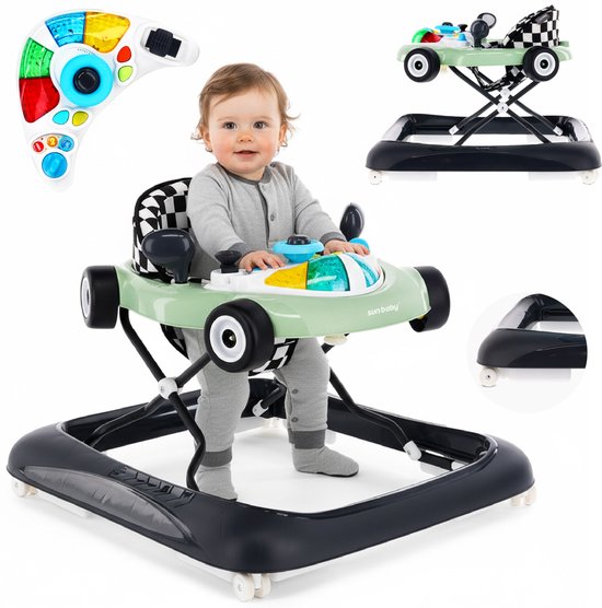 sun baby Loopstoel, baby walker vanaf 6 maanden, verstelbare hoogte, rubberen wielen - Salie-Zwart