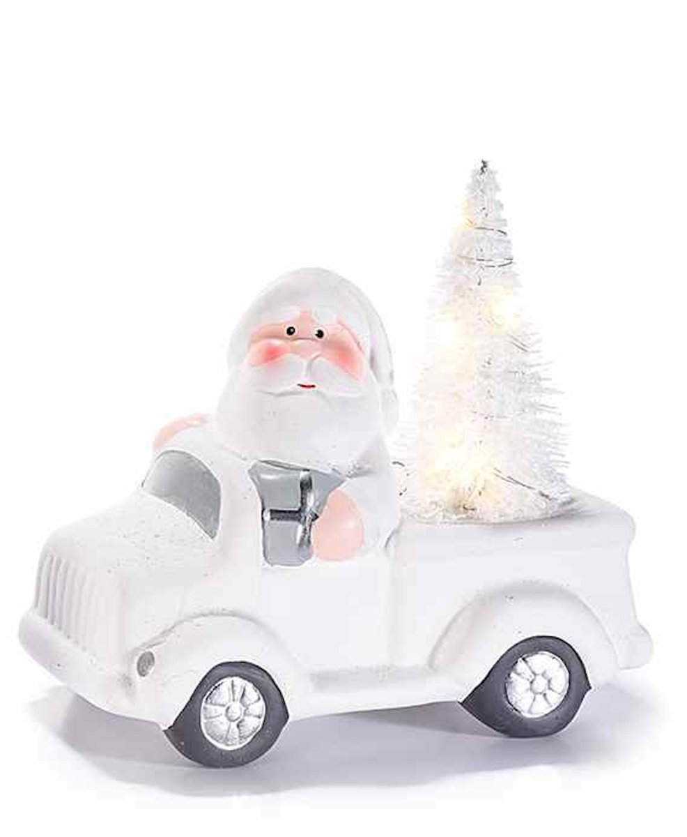 Kerstman in Truck met LED kerstboom - 12 x 6,5 x 11,5 cm - Keramiek - Kerstdecoratie - Kerstfiguur - Kerstversiering