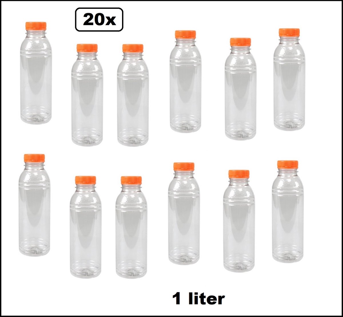 20x Flesje PET 1 liter met oranje dop - 1000cc - Sap water gerecyclede drink fles vruchten limonade drank festival uitdeel party
