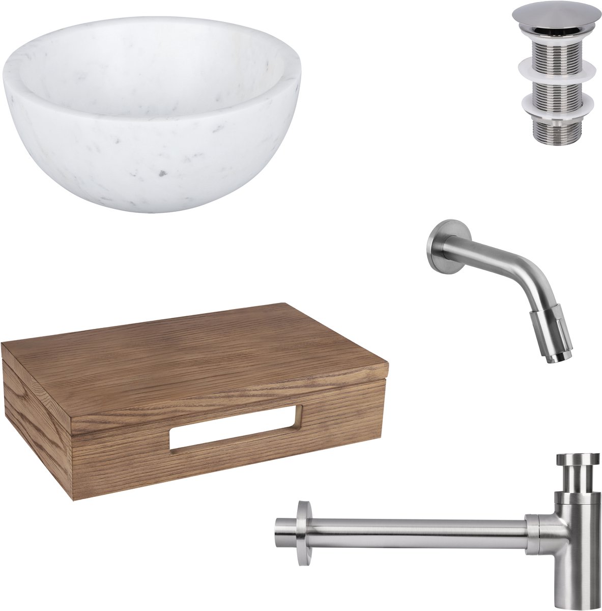 Differnz Ruz fonteinset - waskom marmer - muurkraan 15 cm mat chroom - inclusief wastafelplank donker eiken