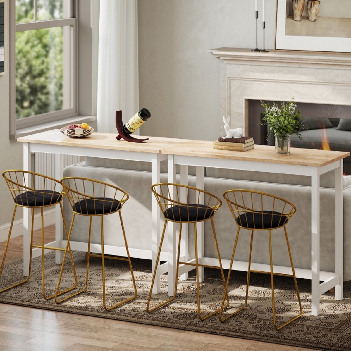 MODFU Bartafel Eikenlook, compact sta-tafel voor 2 personen, rubberwood frame, wit gelakt