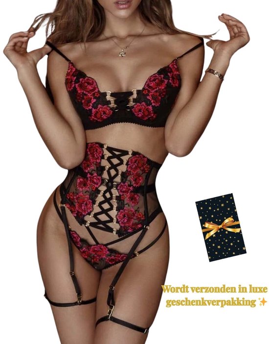 Foto: Sexy lingerieset lingerie erotisch classy luxe kanten lingerieset erotische bustier verleidelijk elegant met rode bloemen bh en jarretelset dames lingerie sexy lingerie spannende lingerie maat s m l xl