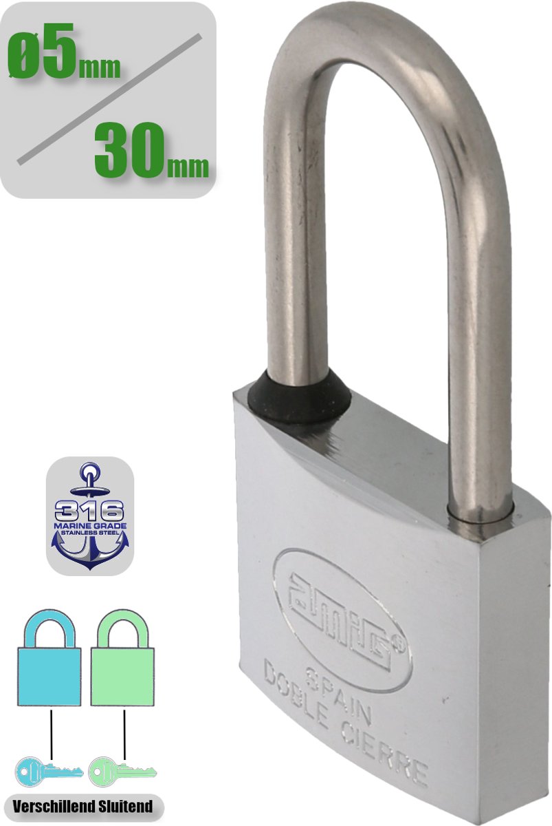 AMIG Hangslot met Sleutel Ø5 / 30x65mm – 100% Roestvrij - Geweldig voor Buiten – Marine Kwaliteit - Messing Verchromt + RVS AISI 316 – 1 stuk