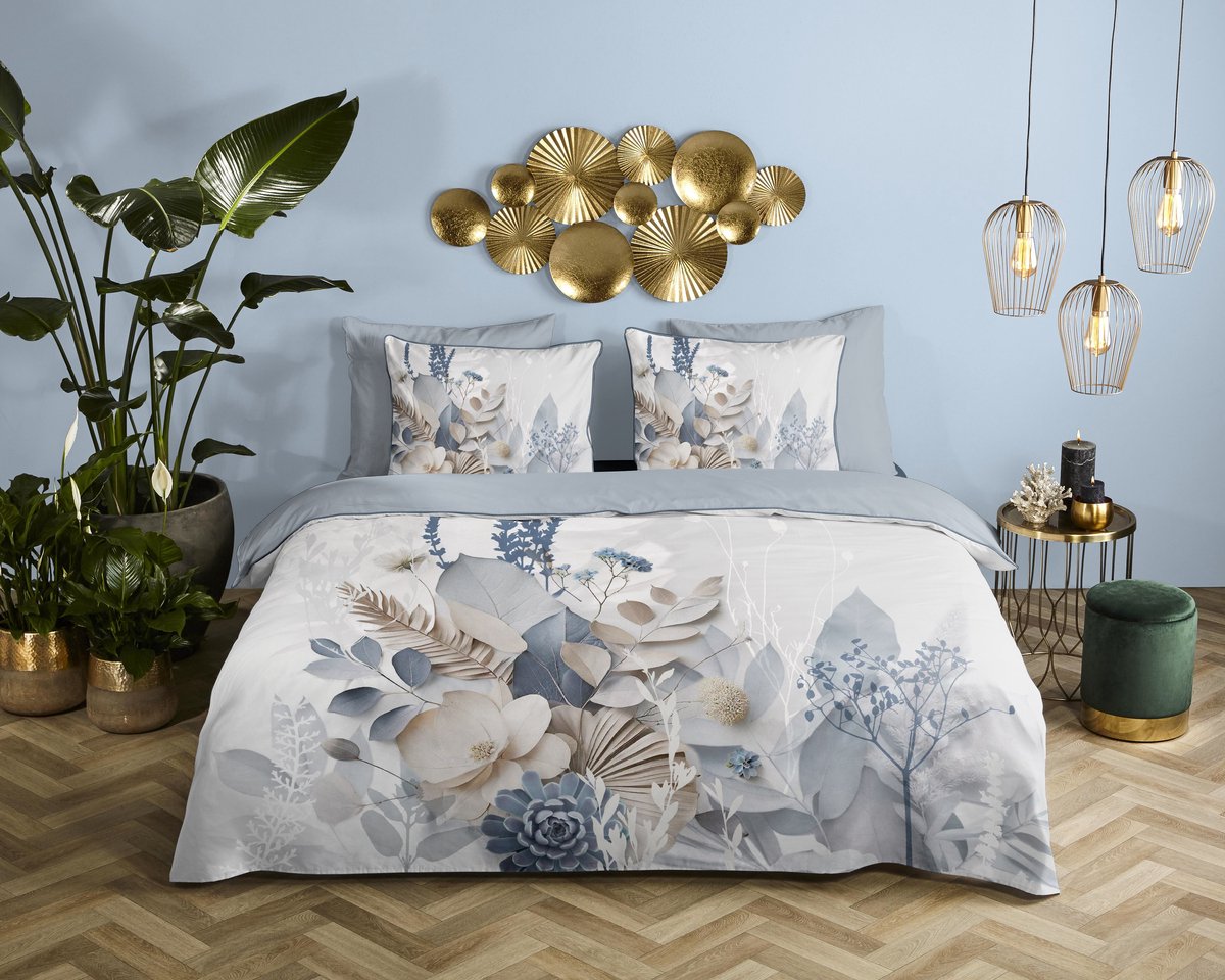 Descanso dekbedovertrek bloemen en bladeren - 2 persoons 200x200/220 cm - Grijs - 100% Katoen satijn